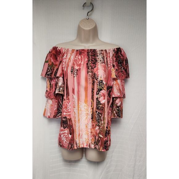 Cato Est 1946 Tiered Ruffle Sleeve 3/4 Sleeve Floral Blouse Pink/Black Size M - Picture 2 of 6